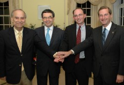 Dr. Akbar Ahmed, Chair of Islamic Studies, American University; Alan Charlton, Deputy Head of Mission, British Embassy; Daniel Sutherland, Officer for Civil Rights and Civil Liberties, Department of Homeland Security; and Alex Azar, Deputy Secretary, Health and Human Services (DHS Photo/Bahler)